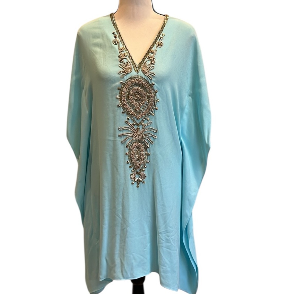Lilly Pulitzer Turquoise Beaded Rayon Tunic Coverup XS Beach Vacation V-neck